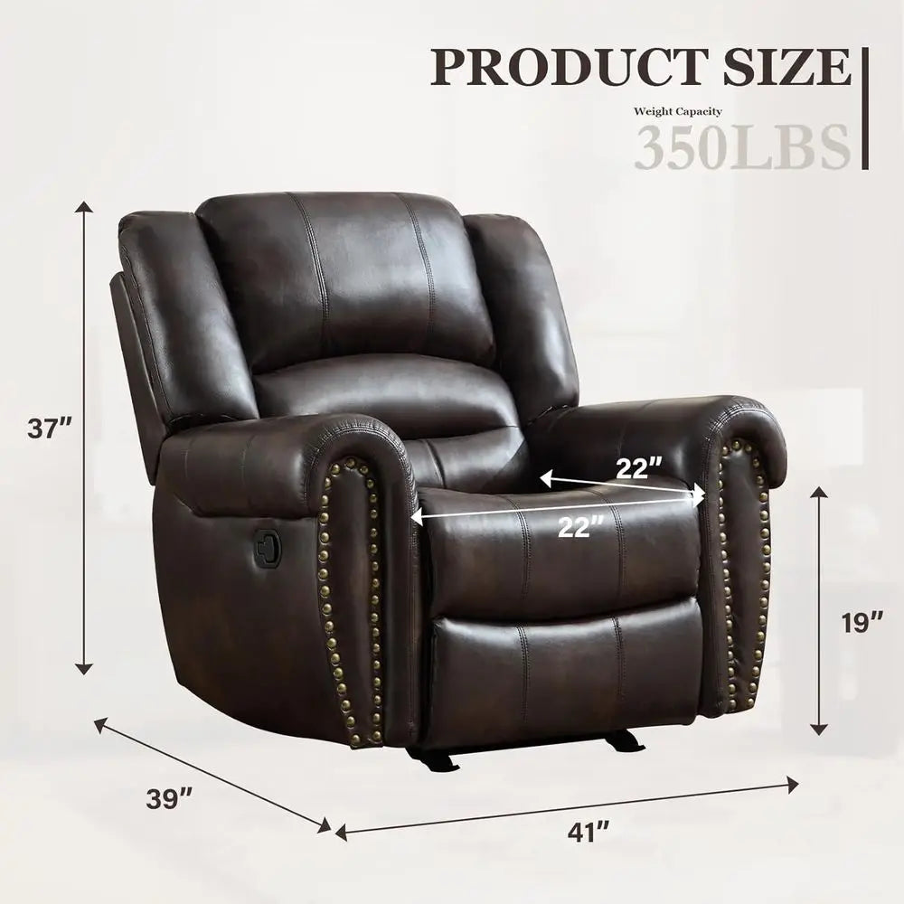 Leather Rocker Recliner Chair With Overstuffed Backrest And Armrests