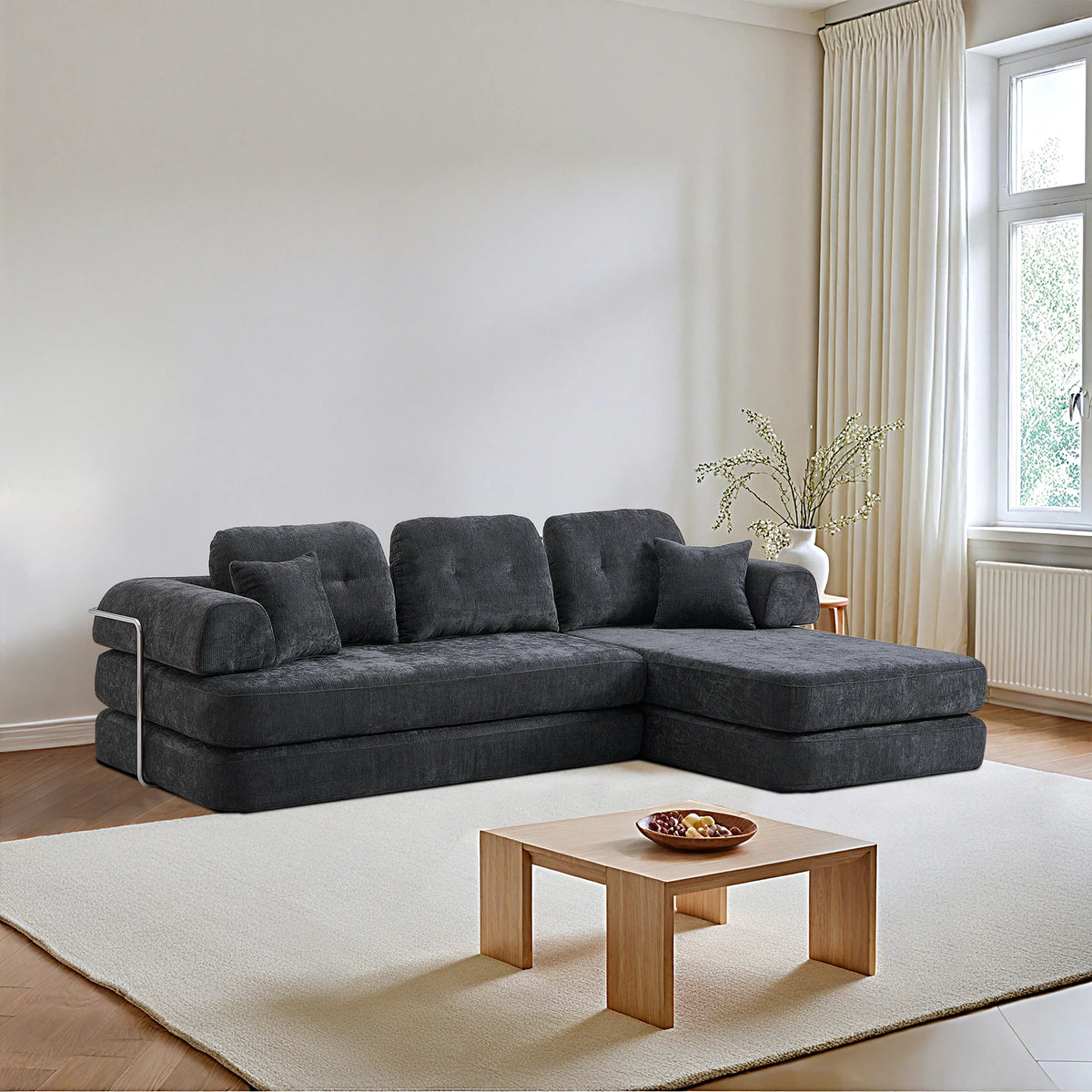 Boneless Foldable Convertible Chenille Futon Sleeper Sofa With Chaise