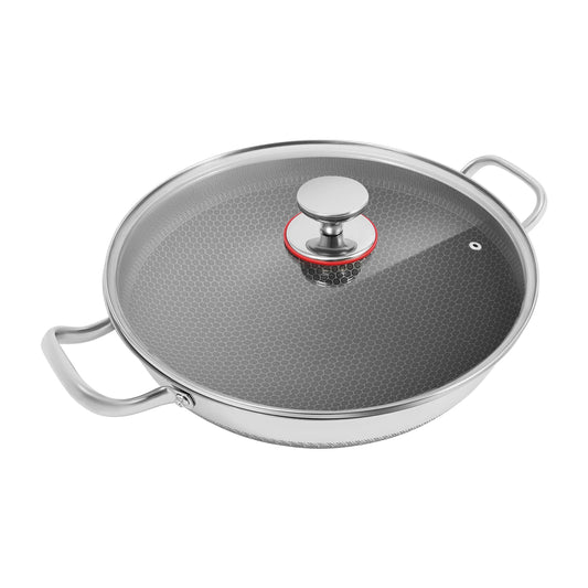 Stainless Steel Nonstick Wok Pan With Tempered Glass Lid For Open Flame