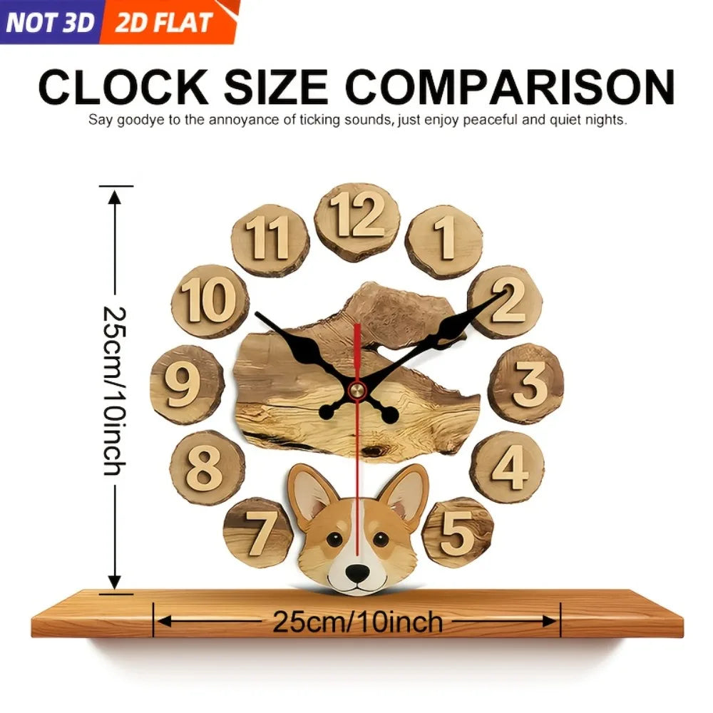 Corgi Themed Wooden Wall Clock Silent Decorative 2D Print