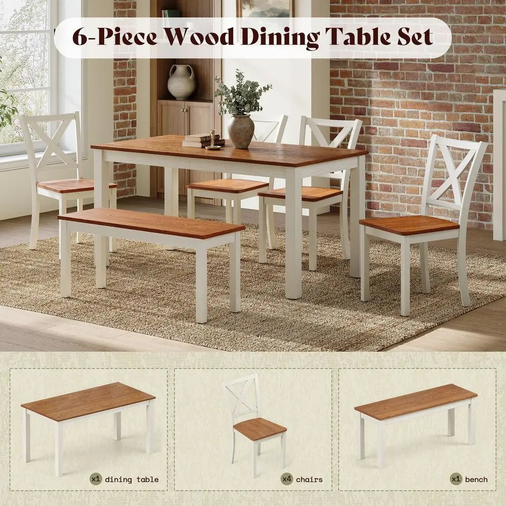 Farmhouse Dining Table Set With Bench And Chairs For Six