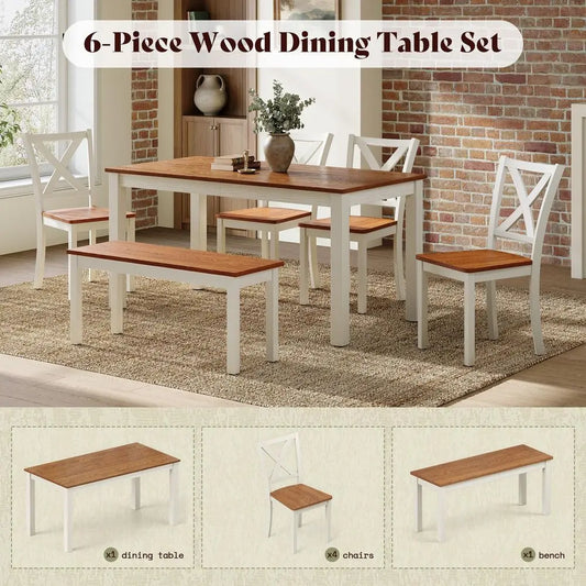 Farmhouse Dining Table Set With Bench And Chairs For Six