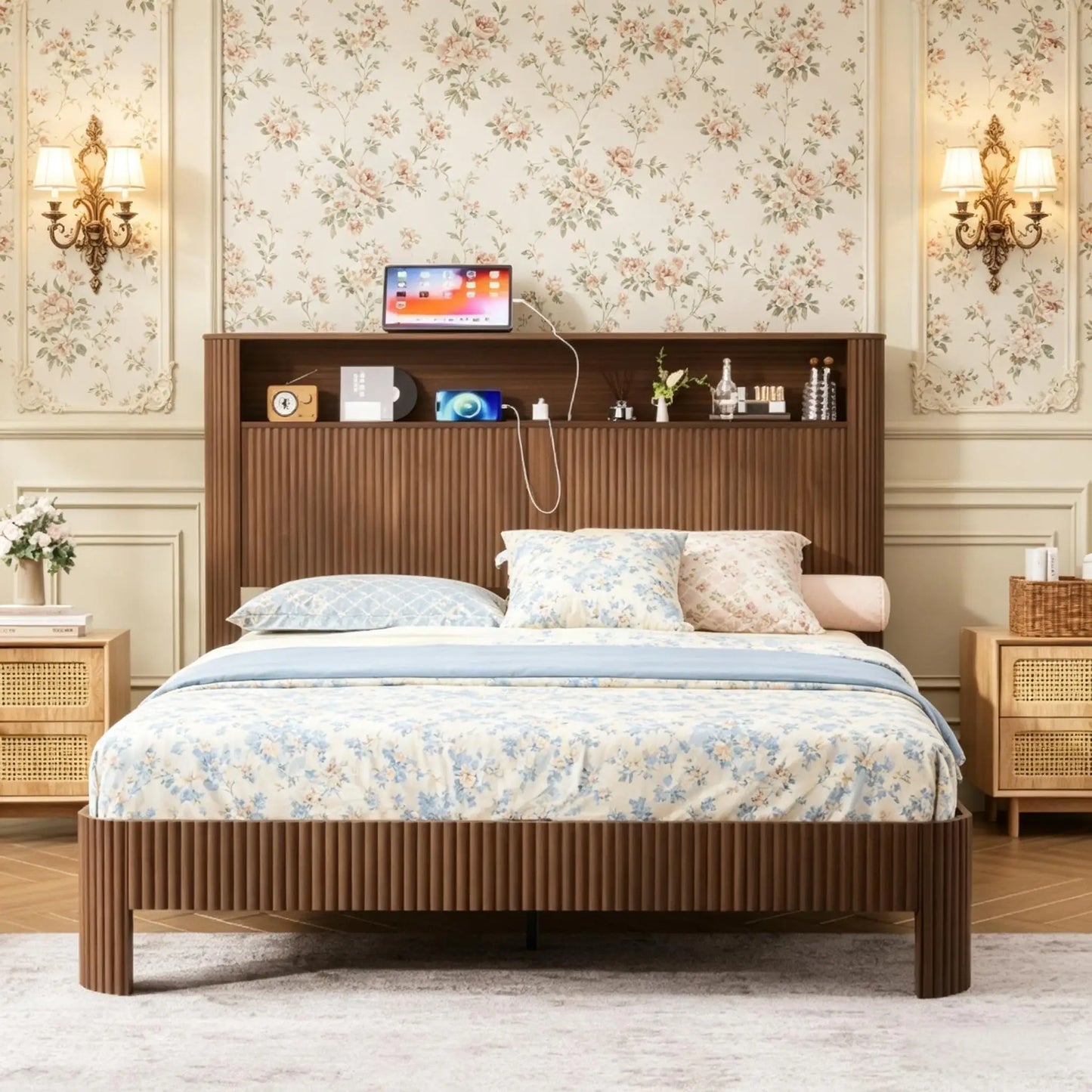 Slatted Bed Frame With Wave Design And Built In Charging Ports