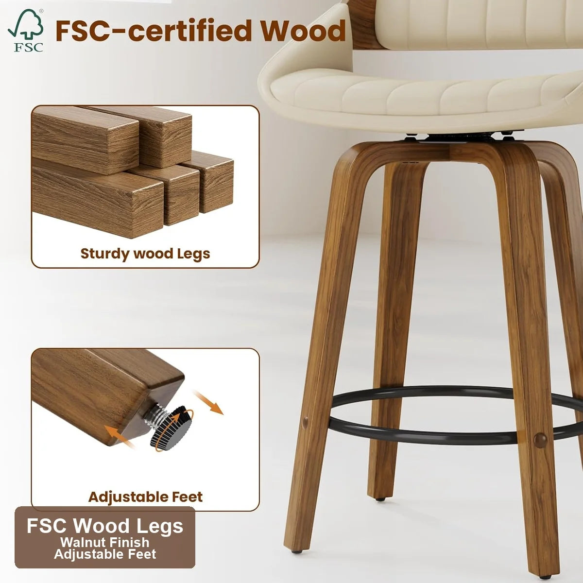 Four Swivel Counter Height Bar Stools with Upholstered Bentwood Backs