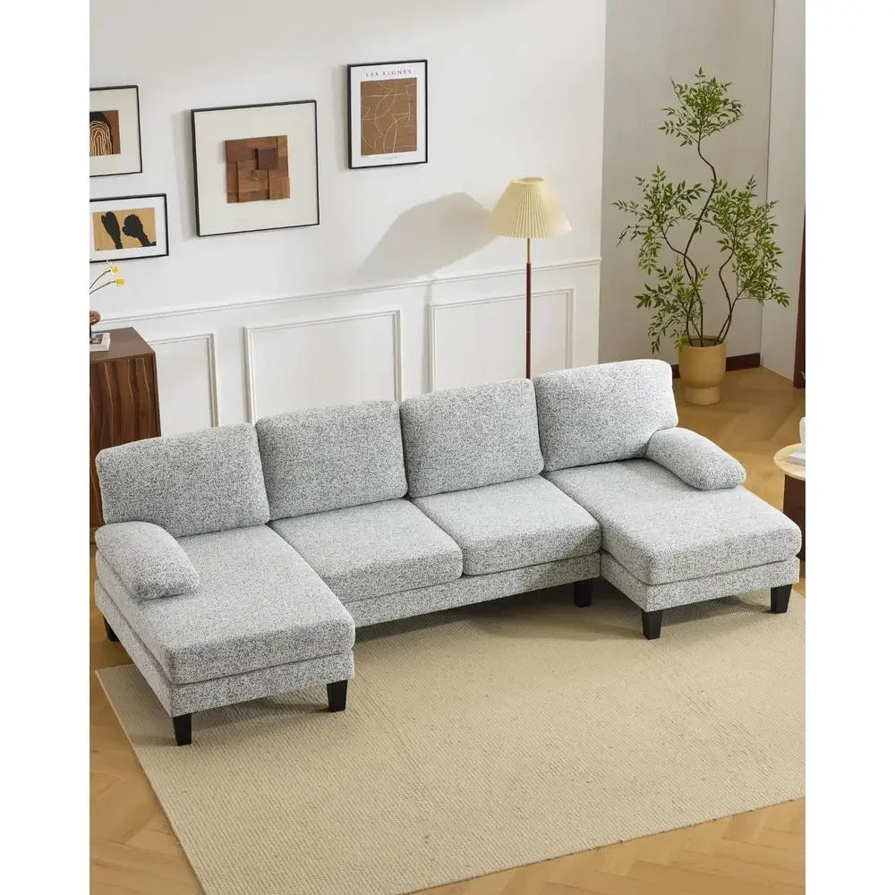 U-Shape Sectional Sofa Chenille Upholstery Four Seats And Wood Legs