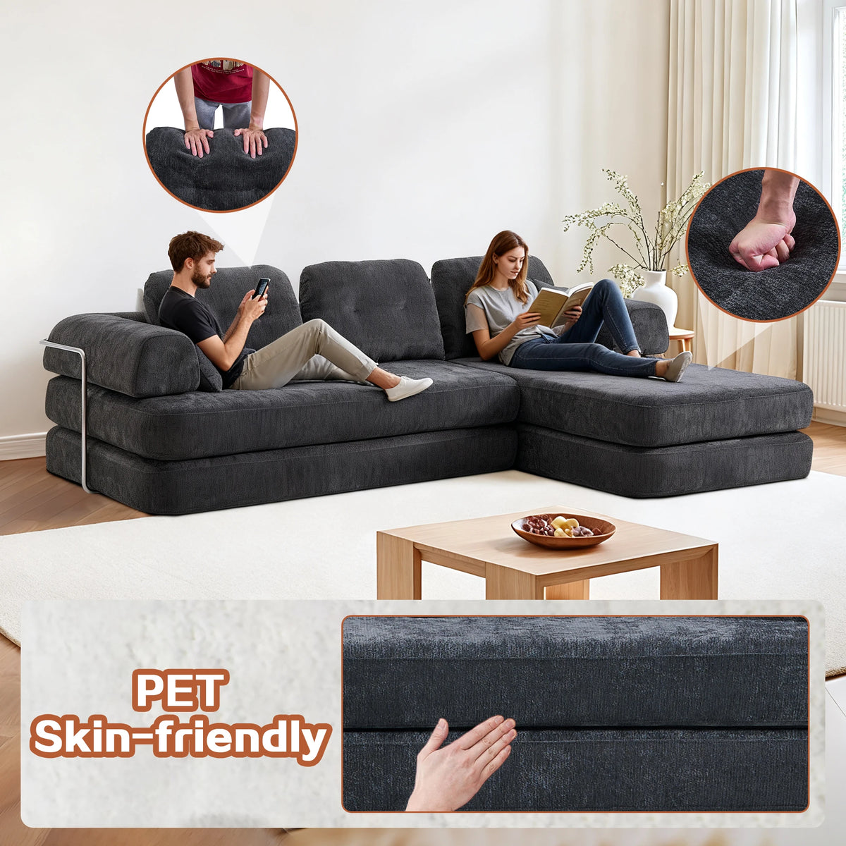 Boneless Foldable Convertible Chenille Futon Sleeper Sofa With Chaise