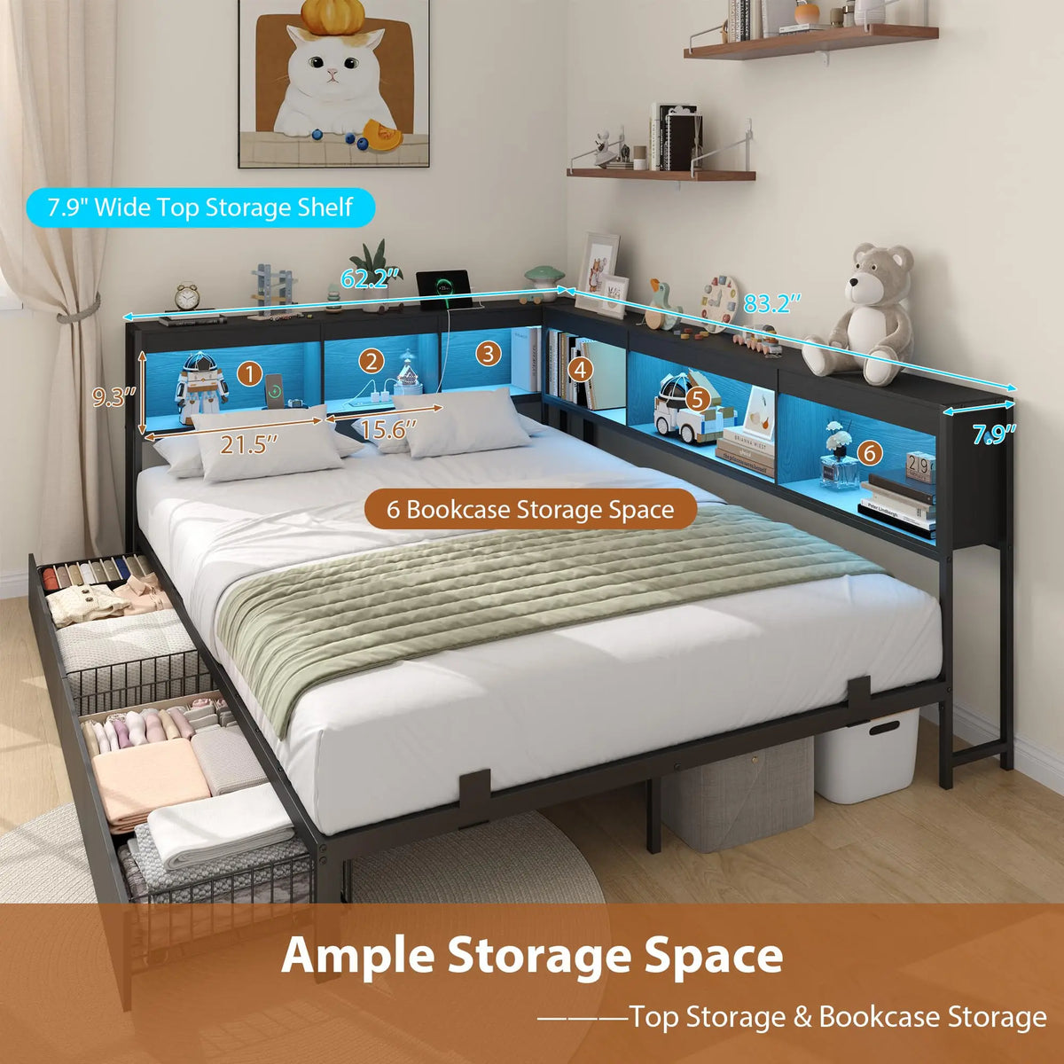 HiMISS Corner Bed Frame With Bookcase Headboard And LED Lights