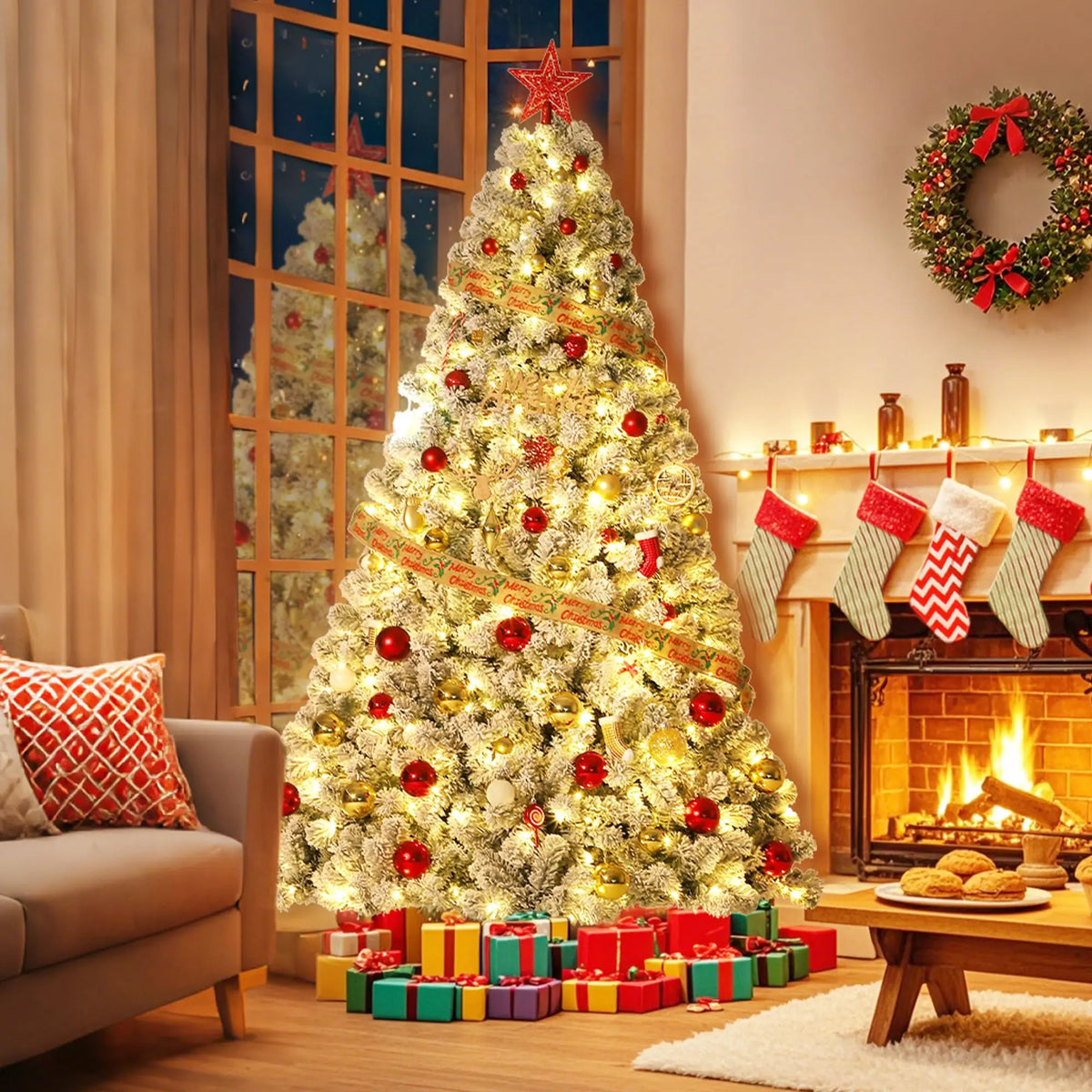 Studyset Snowy Artificial Christmas Tree With 100 Pre Lit Lights