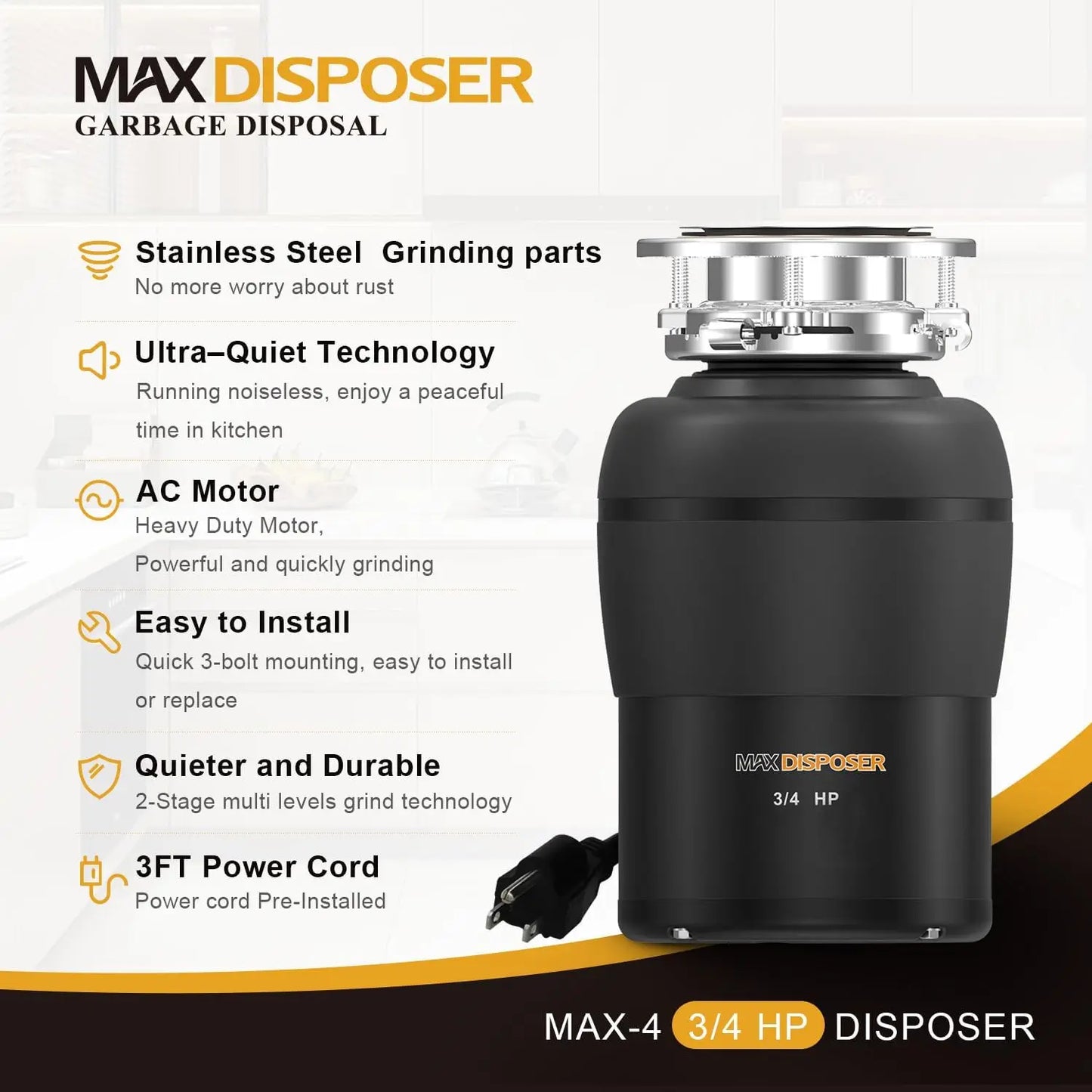 XMSJ Three Quarter HP Garbage Disposal For Kitchen Sink Stopper