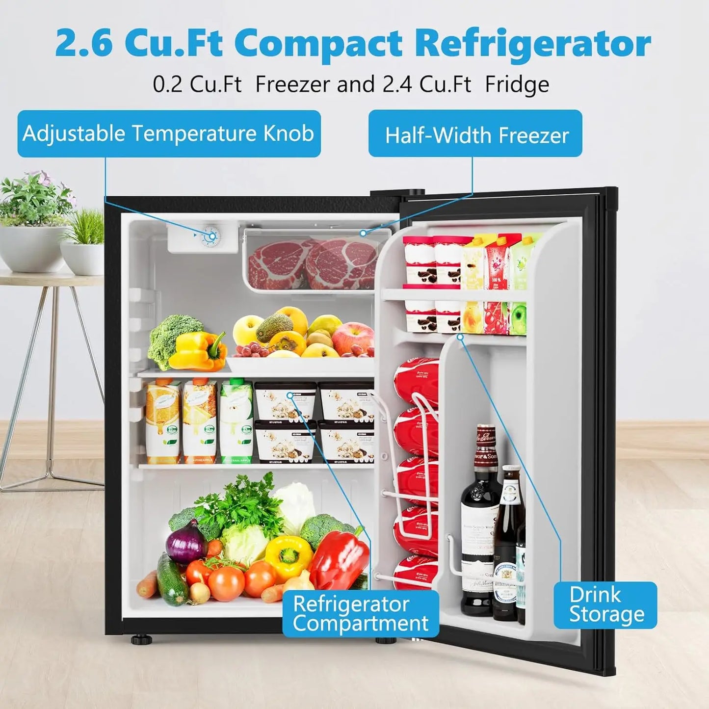 XMSJ Dorm Fridge With Freezer Compact Single Reversible Door Refrigerator