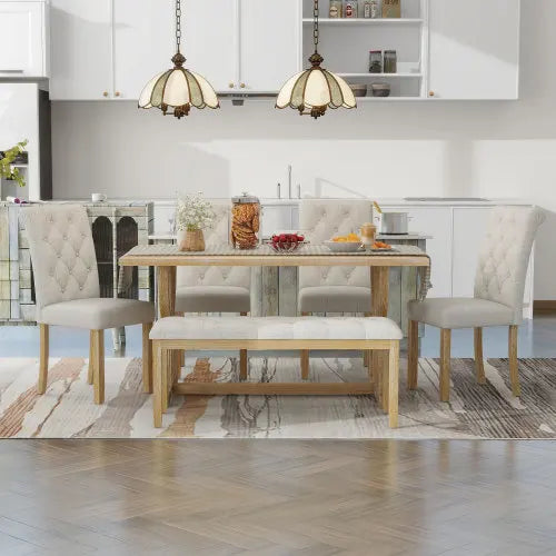 Retro Rectangular Dining Table Set With Upholstered Chairs And Bench