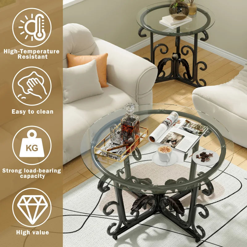 Three Piece Coffee Table Set With Tempered Glass Metal Frame