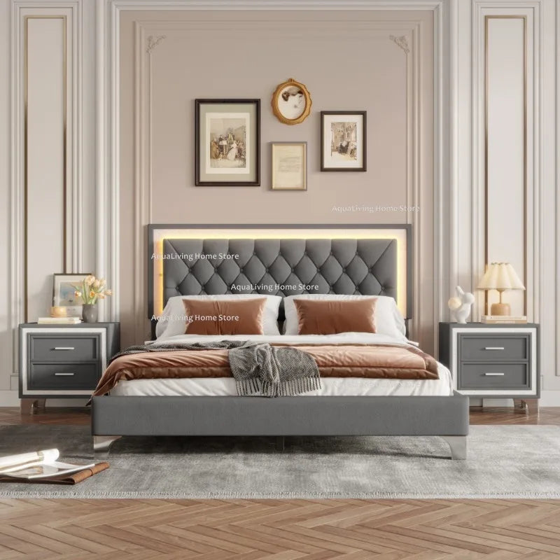 Modern Upholstered Bedroom Set With LED Platform Bed And Nightstands