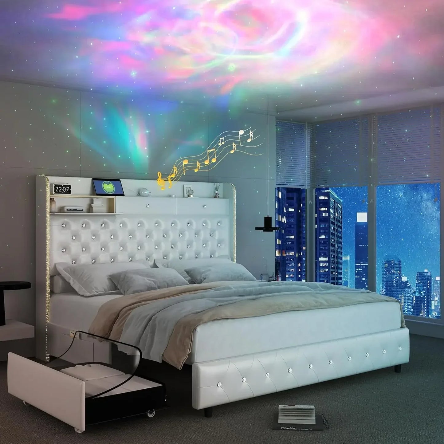 LED Bed Frame Galaxy Aurora Star Projector And Charging Station