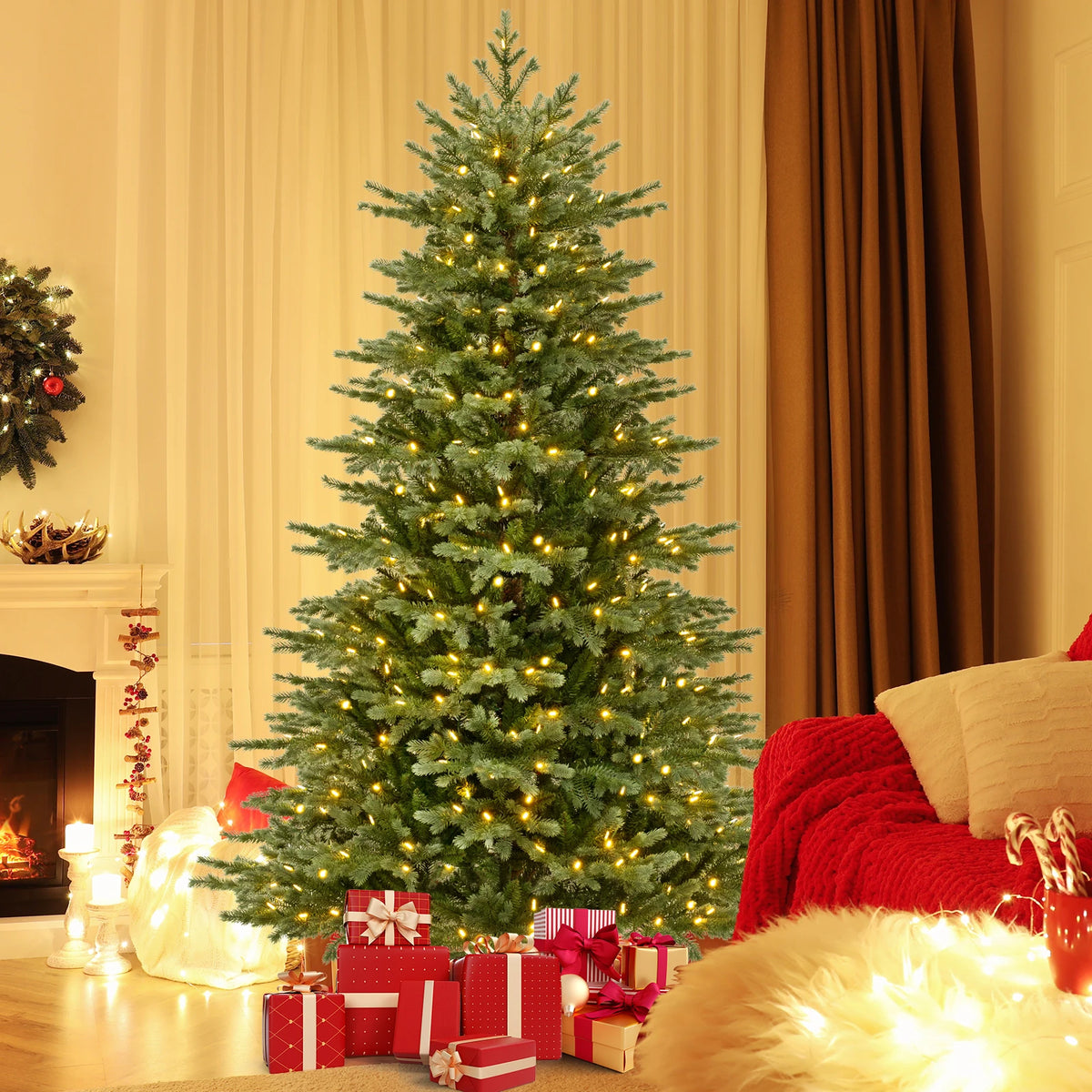 LIFEZEAL Pre Lit Artificial Christmas Tree With Hinged Spruce Branches