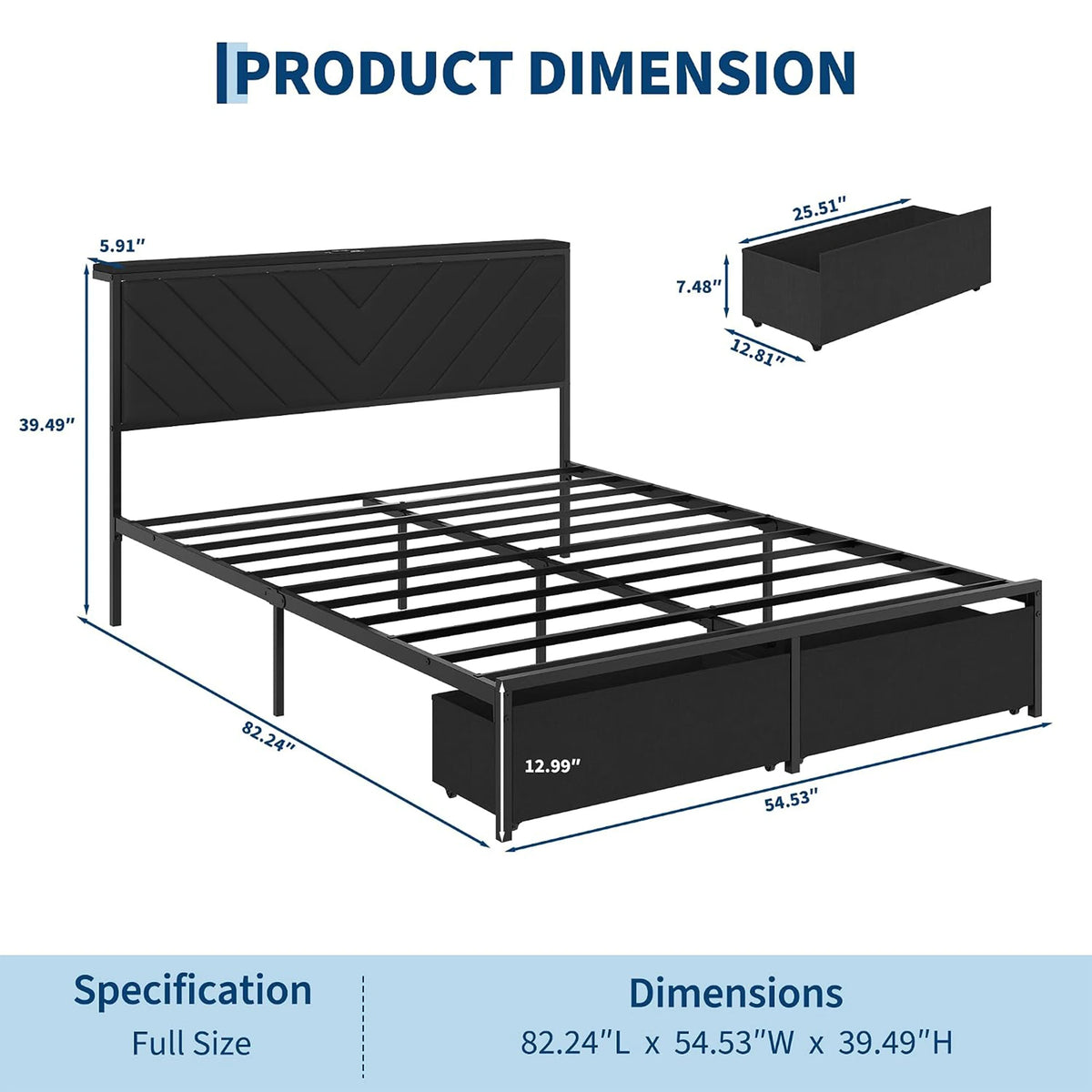 HiMISS Metal Platform Bed With Storage Drawers And Charging Station