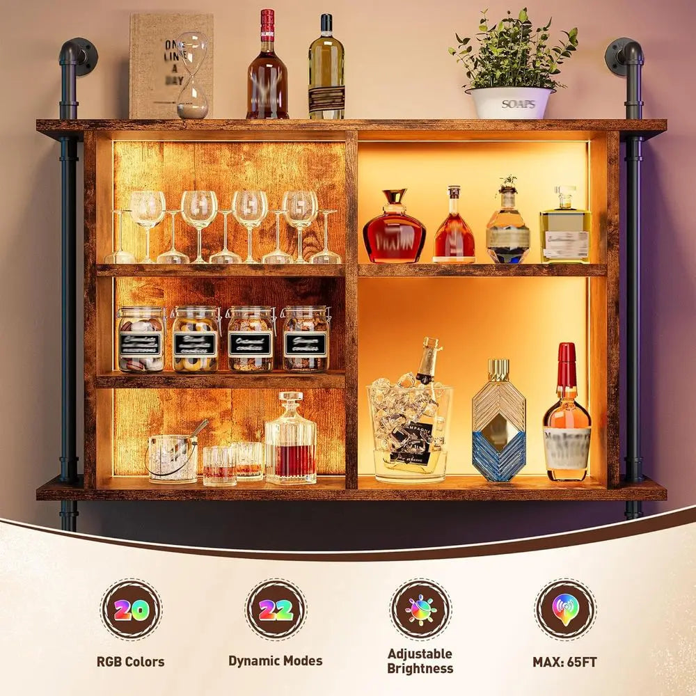 4-Tier Industrial Pipe Wall Mount Shelves With Dimmable RGB LED