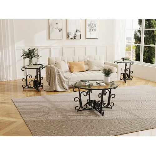Three Piece Coffee Table Set With Tempered Glass Metal Frame