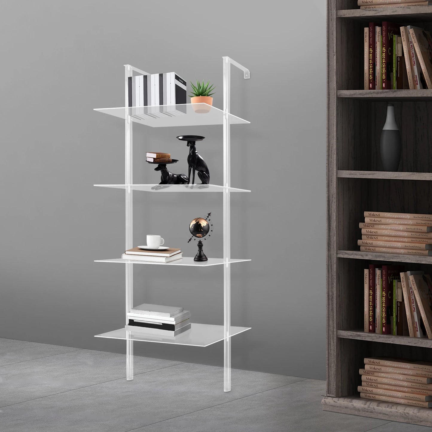 4 Tier Clear Acrylic Ladder Bookshelf Wall Mount Floor Standing