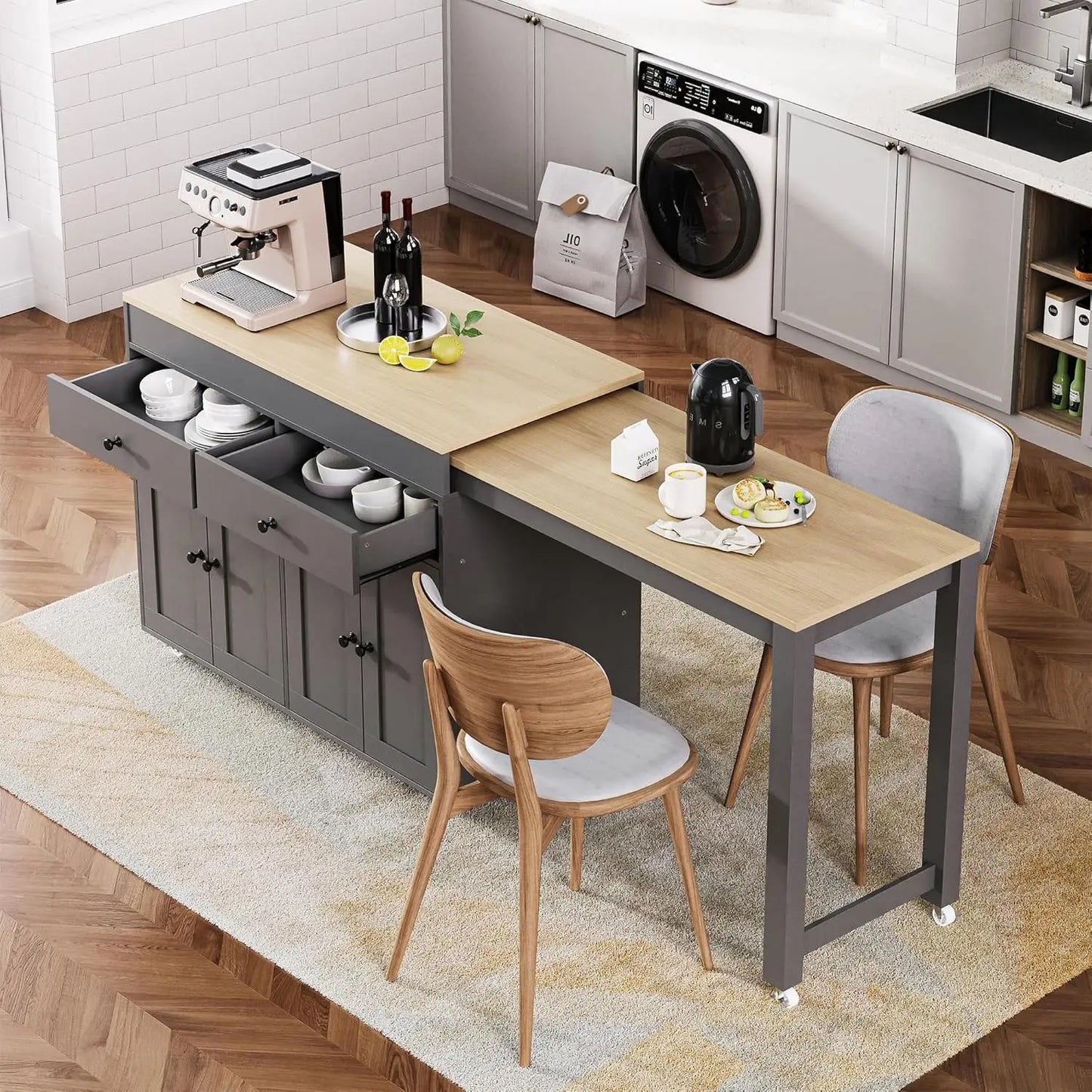 Extendable Kitchen Island With Rolling Cart And Spice Rack