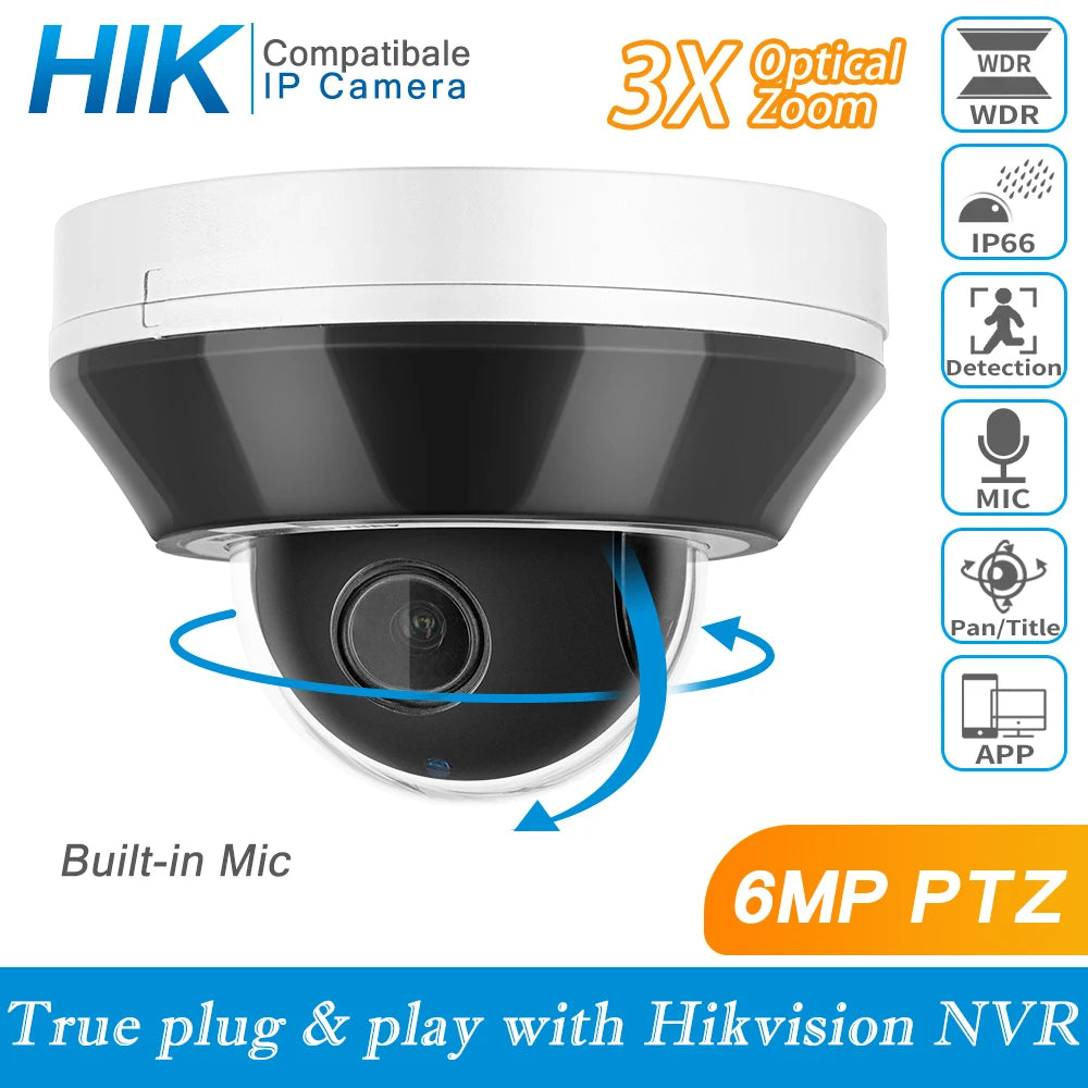 AIOTSECX Hikvision Compatible 6MP POE PTZ Dome Camera 3X Zoom