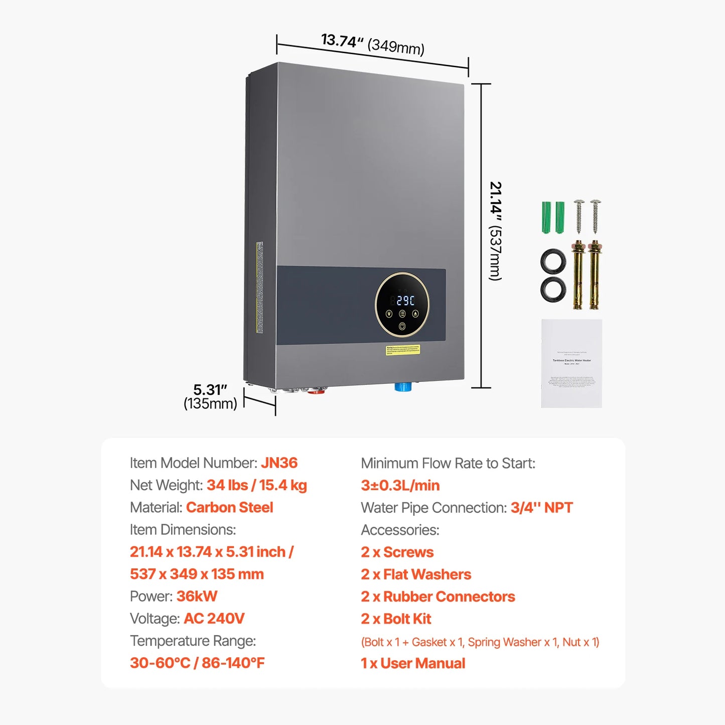 SucceBuy Tankless Electric Water Heater 27kW Under Sink