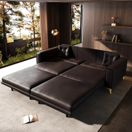 Faux Leather 3 In 1 Convertible Sleeper Sofa Bed Tufted Modern