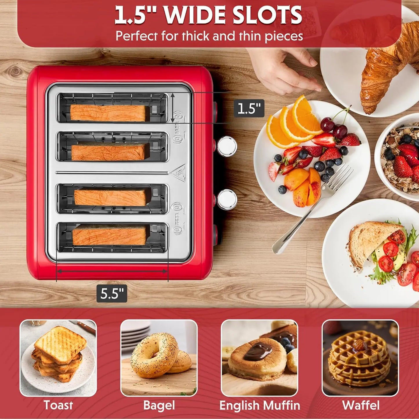XMSJ 4 Slice Toaster Stainless Steel With Extra Wide Slots