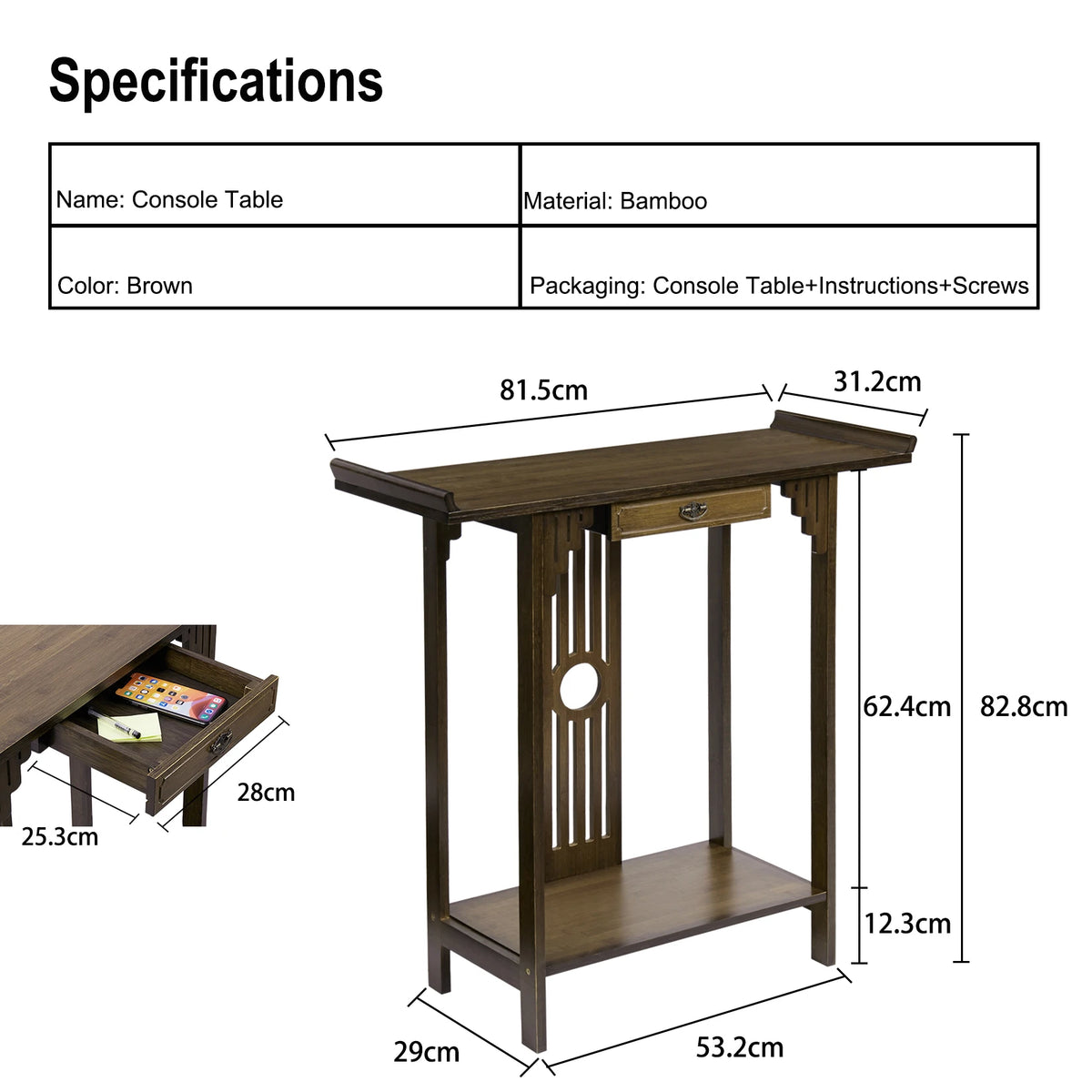 Bamboo Hall Console Table With Drawer And Storage Shelf