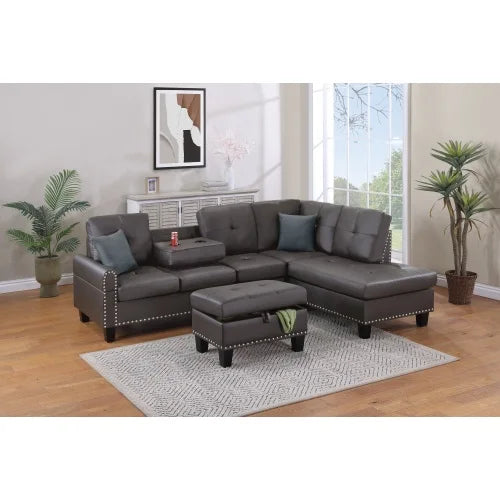 Faux Leather Sofa Set With Storage Footstool And Cup Holder