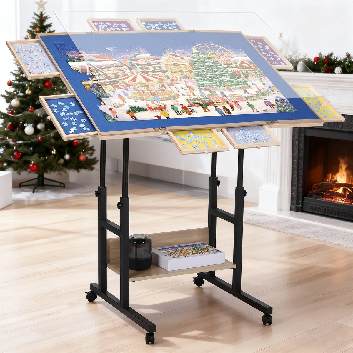 Adjustable Wooden Puzzle Table with Tilting Board and Storage Drawers