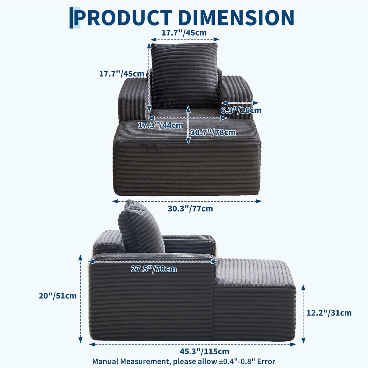 HiMISS Corduroy Cloud Chaise Lounge Sofa With Deep Seat