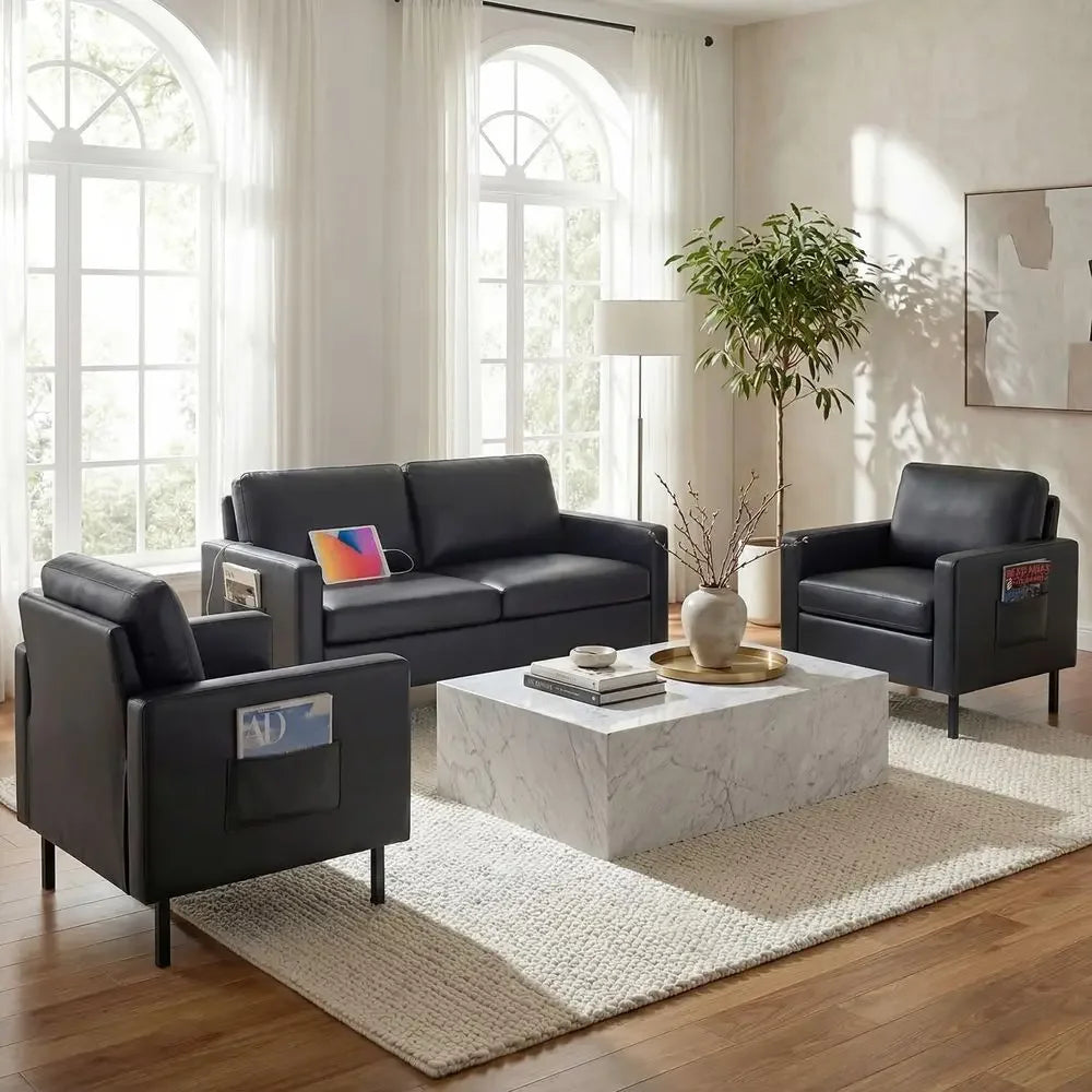 3 Piece Living Room Set Sofa Loveseat Chair USB Ports