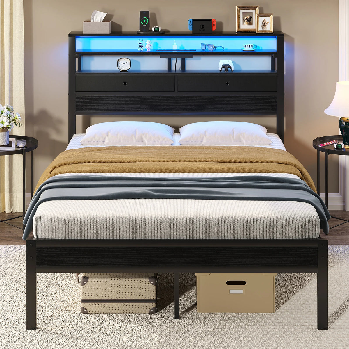 MCQ Metal Platform Bed Frame With Storage Headboard Charging Station