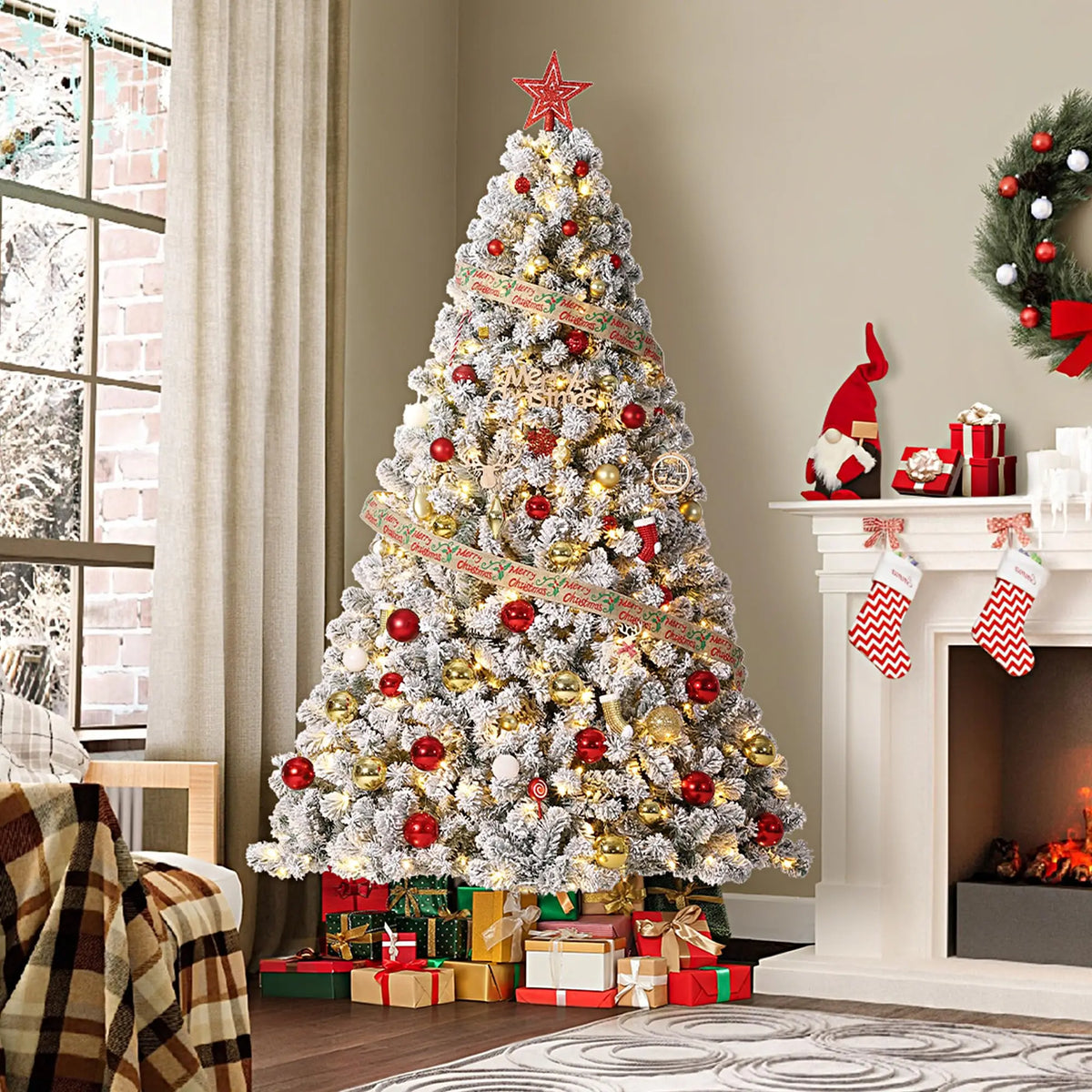 Studyset Snowy Artificial Christmas Tree With 100 Pre Lit Lights