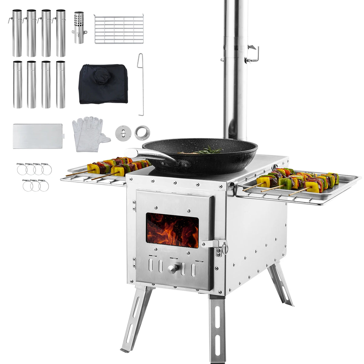 Portable Camping Wood Burning Stove With Chimney Pipes And Gloves