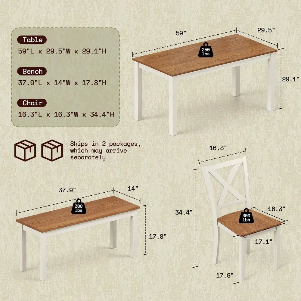 Farmhouse Dining Table Set With Bench And Chairs For Six