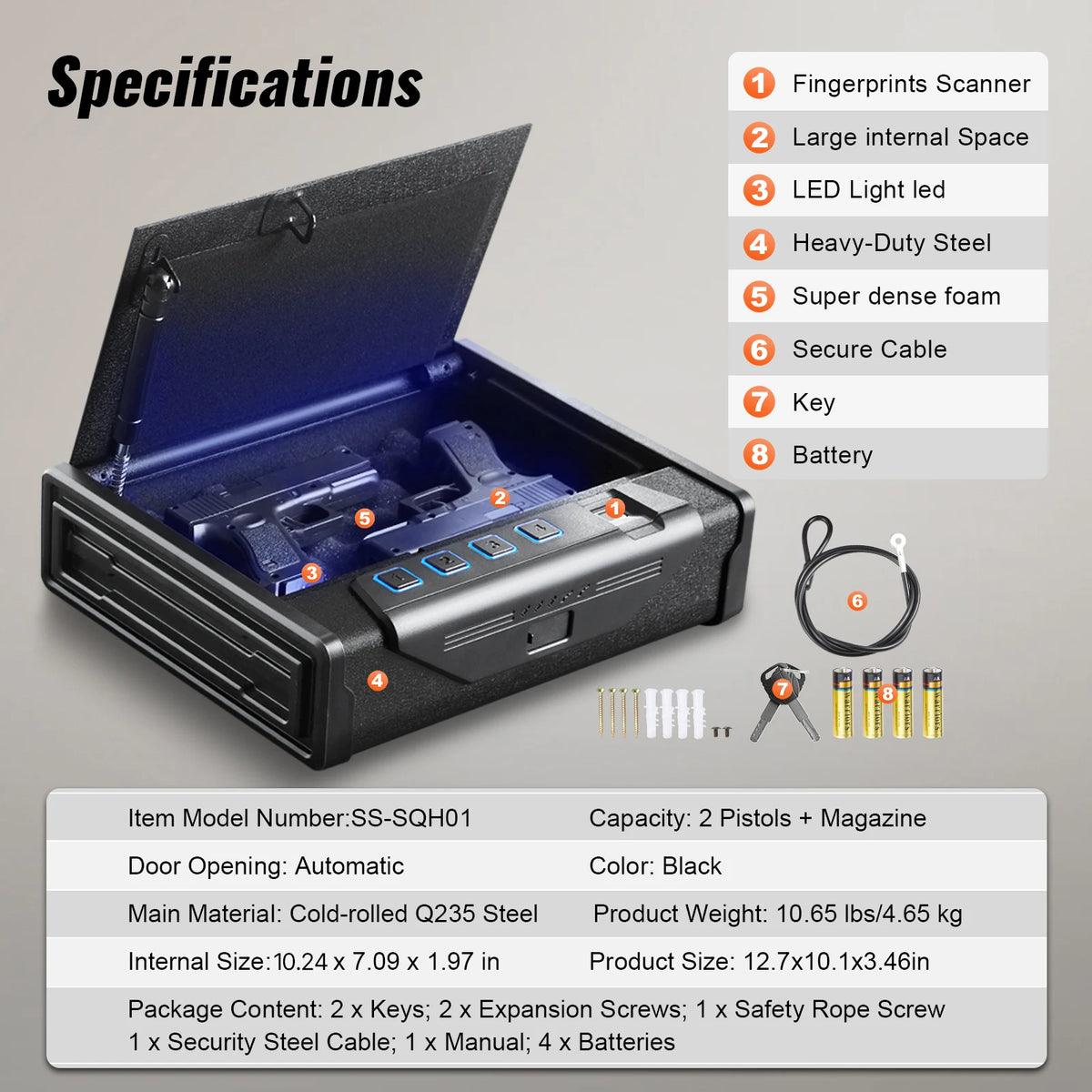 SucceBuy Biometric Fingerprint Pistol Safe Quick Travel Steel Lockbox
