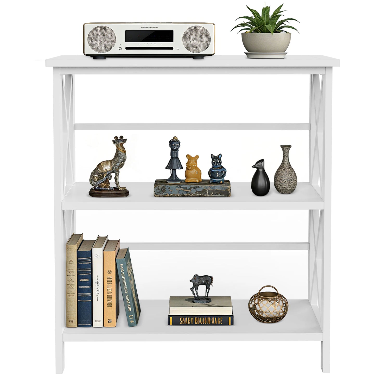 JHK 3 Tier Bookshelf with Wood Shelves and X Design