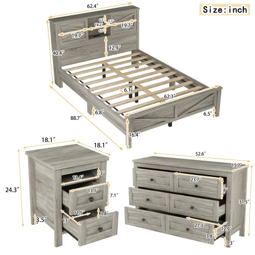 Farmhouse Platform Bed With Double Sliding Door Storage Charging Station