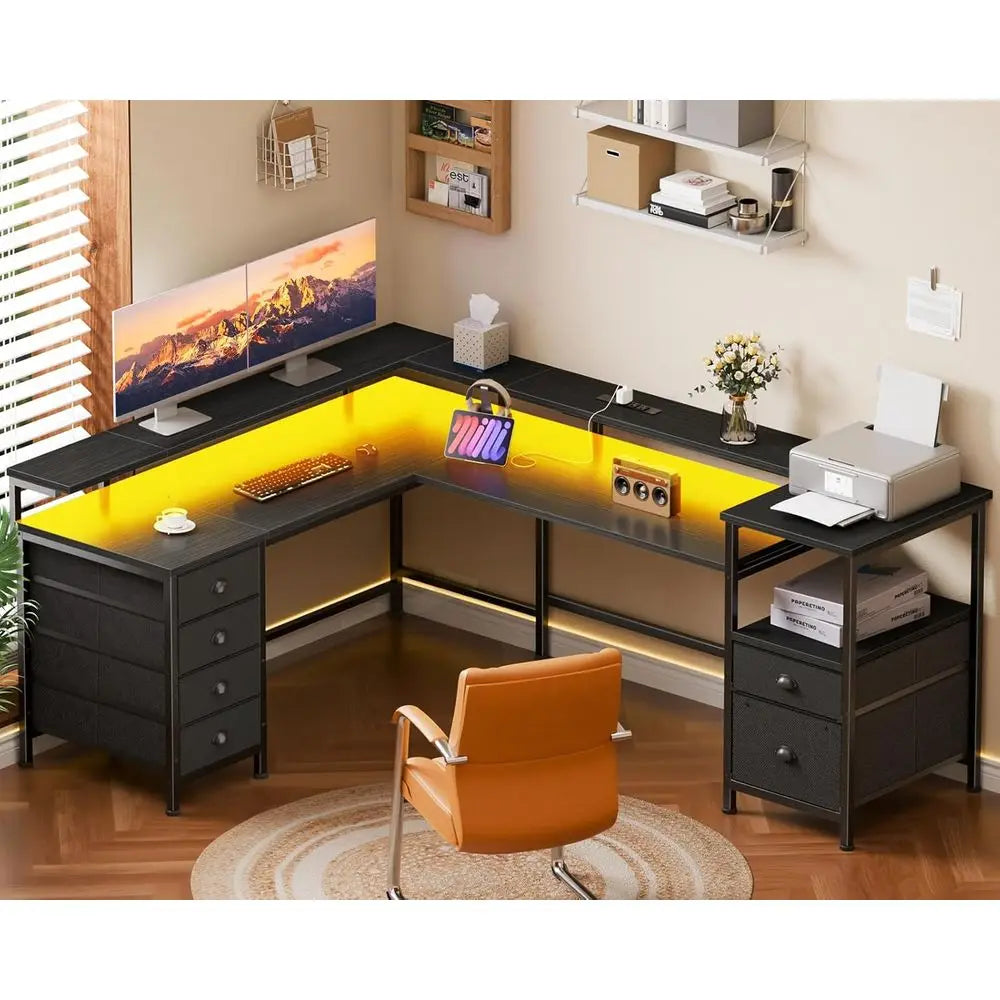L Shaped Gaming Desk Metal Frame Led Lights Power Outlets