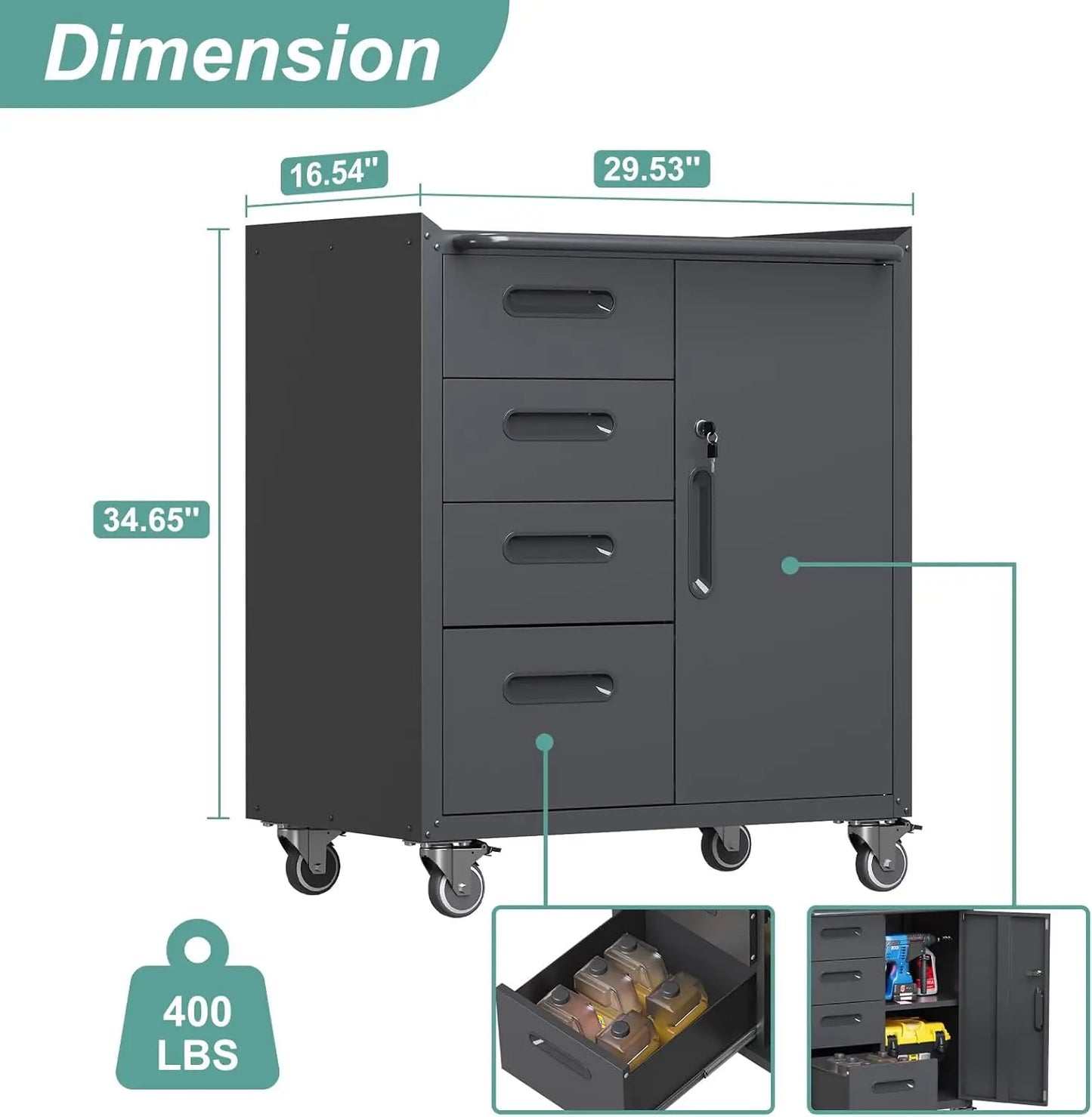 Metal Garage Storage Cabinet With Wheels Four Drawers Locking Door Tool Cabinet