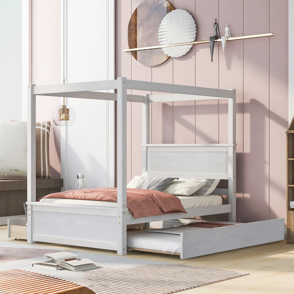 Solid Wood Canopy Bed With Trundle And Two Drawers