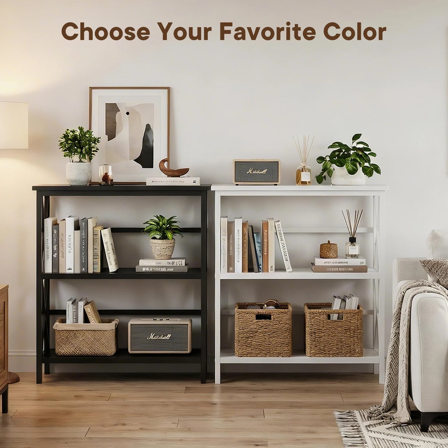 JHK 3 Tier Bookshelf with Wood Shelves and X Design
