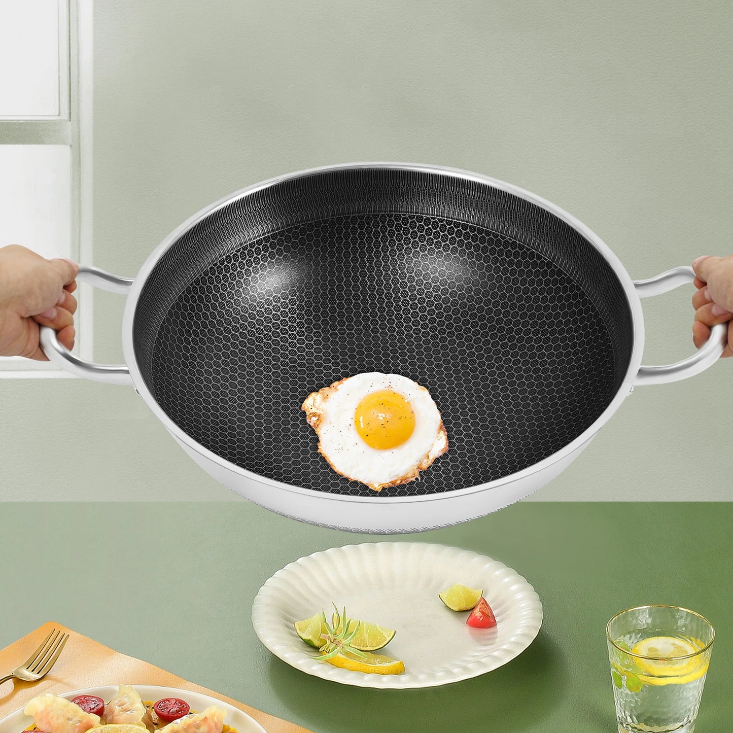 Stainless Steel Nonstick Wok Pan With Tempered Glass Lid For Open Flame