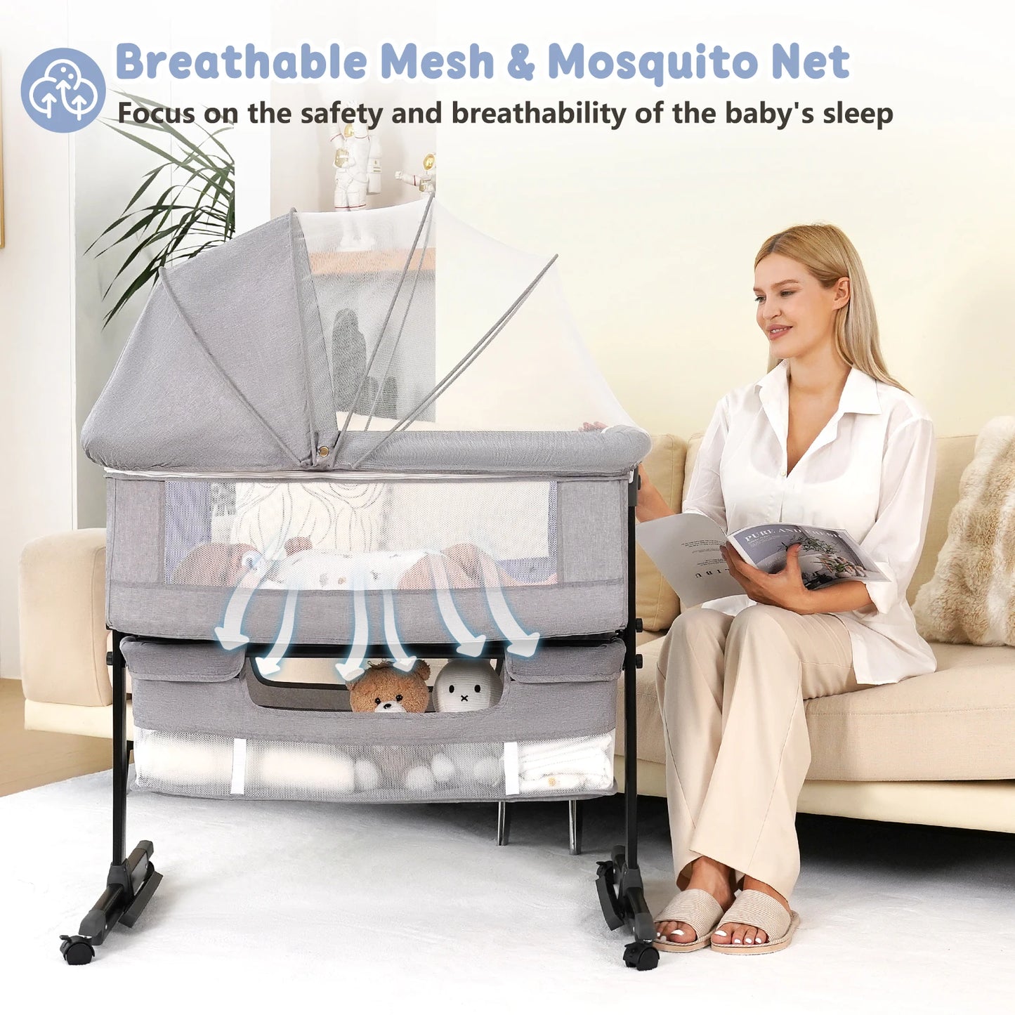 Baby Bedside Bassinet 3 in 1 Crib Portable Foldable
