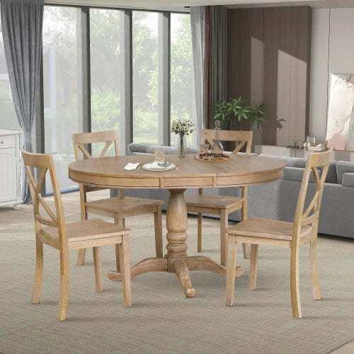 Natural Wood Round Dining Table Set With Four Chairs