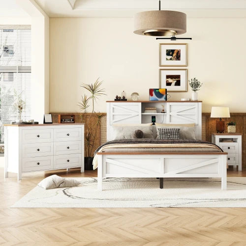Farmhouse 3-Piece Bedroom Set With Platform Bed Storage Nightstand Dresser