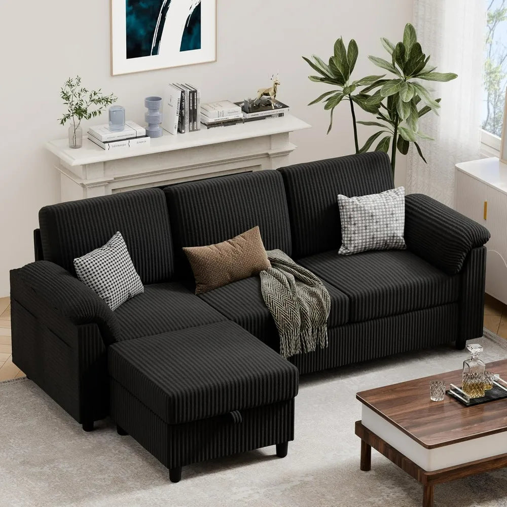 L-Shaped Convertible Sofa With Storage Ottoman And Side Pocket