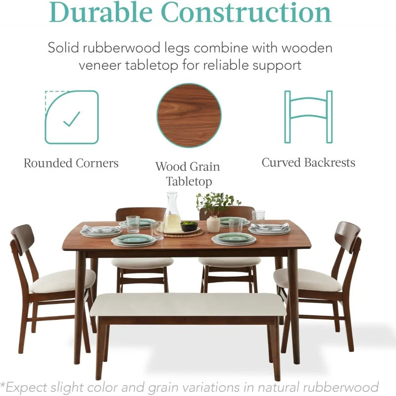 6-Piece Wooden Dining Table And Upholstered Chair Set Rubberwood